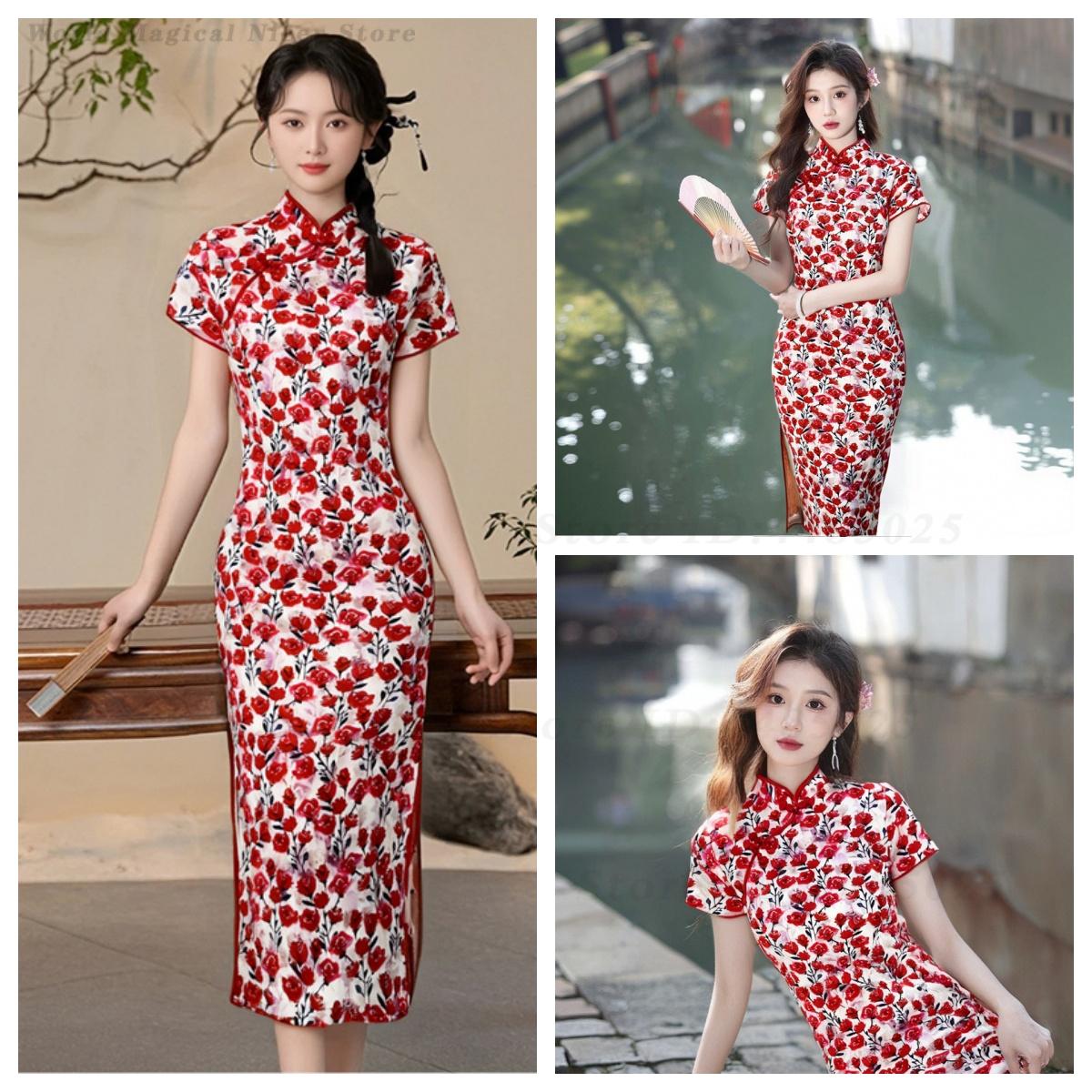 Young Women'S Formal Wear - Neues Sommerliches Rotes Kurzes Modifiziertes Chinesisches